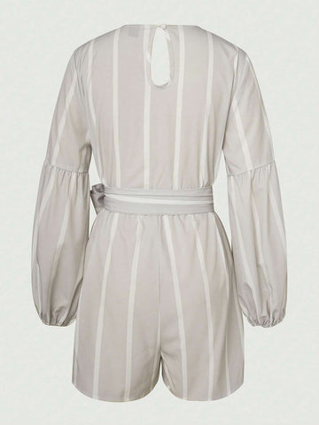 Striped Print Lantern Sleeve Belted Romper