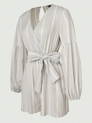 Striped Print Lantern Sleeve Belted Romper
