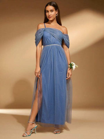 Belle Asymmetrical Neck Split Thigh Mesh Overlay Bridesmaid Dress