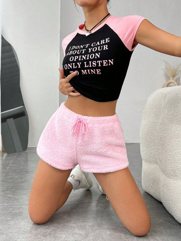 Drawstring Waist Teddy Shorts