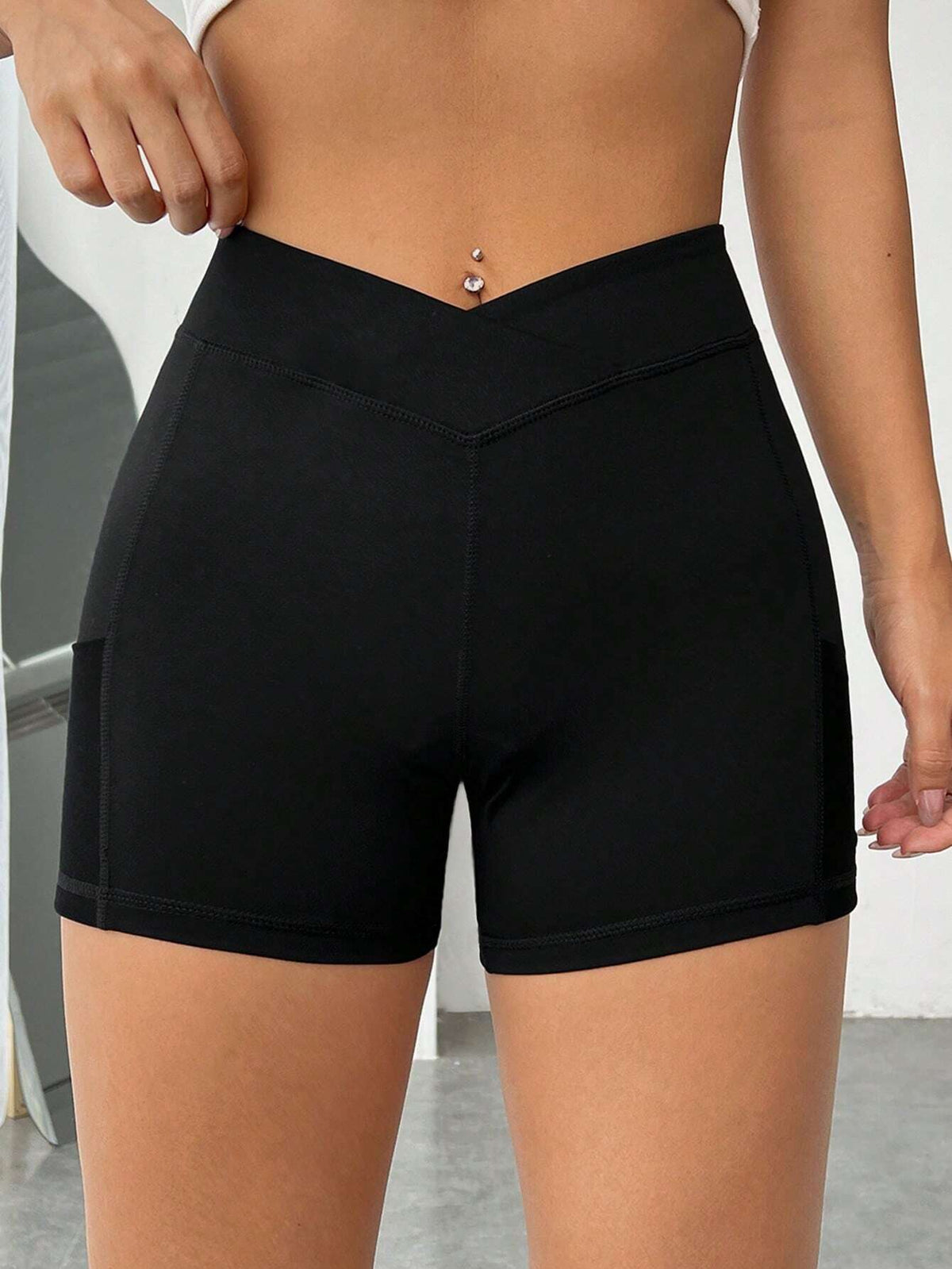 EZwear Solid Asymmetrical Waistband Phone Pocket Side Biker Shorts