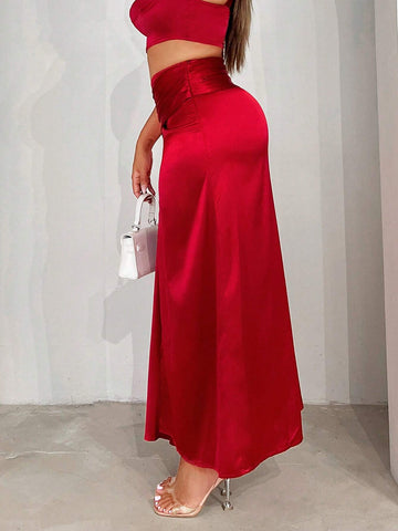 SXY Twist Front Split Thigh Satin Skirt