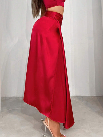 SXY Twist Front Split Thigh Satin Skirt
