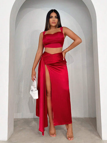SXY Twist Front Split Thigh Satin Skirt