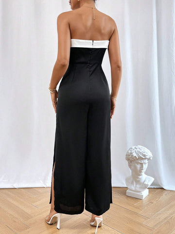 Contrast Trim Split Hem Tube Jumpsuit