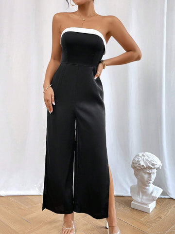 Contrast Trim Split Hem Tube Jumpsuit