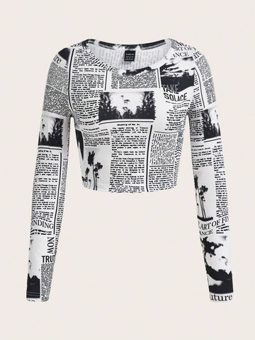 Newspaper Print Crop Tee