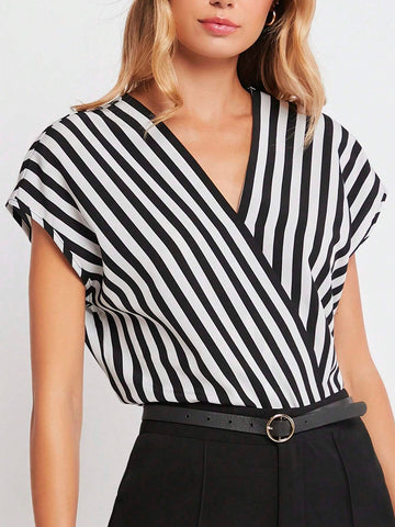 Striped Print Batwing Sleeve Wrap Detail Top