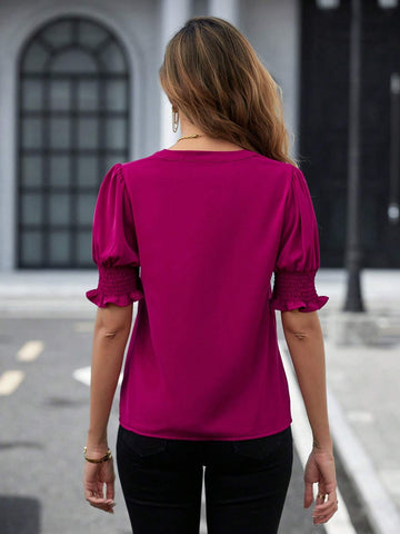 Notched Neck Puff Sleeve Blouse