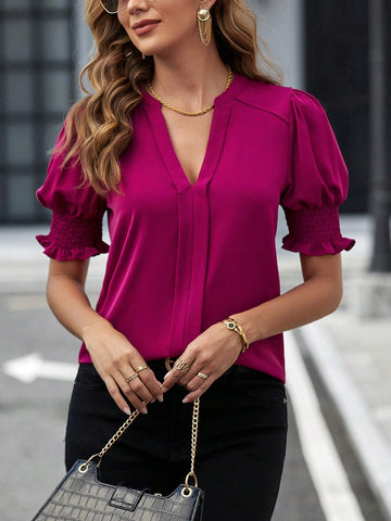 Notched Neck Puff Sleeve Blouse