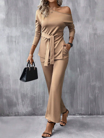 Asymmetrical Neck Belted Tee & Flare Leg Pants