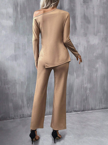 Asymmetrical Neck Belted Tee & Flare Leg Pants