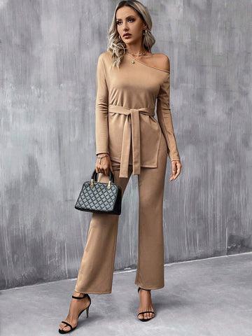 Asymmetrical Neck Belted Tee & Flare Leg Pants