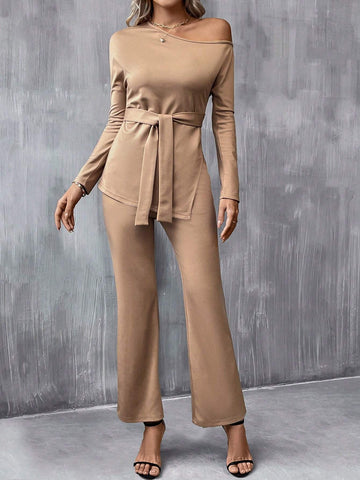 Asymmetrical Neck Belted Tee & Flare Leg Pants