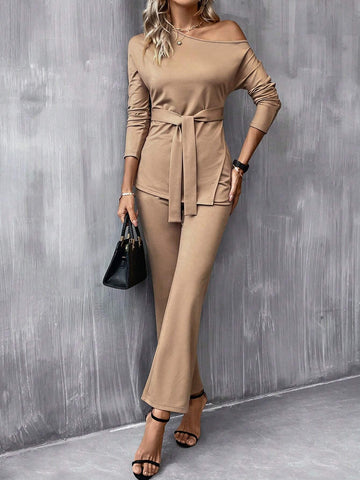 Asymmetrical Neck Belted Tee & Flare Leg Pants