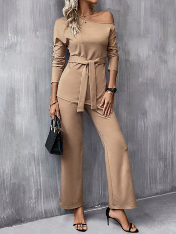 Asymmetrical Neck Belted Tee & Flare Leg Pants