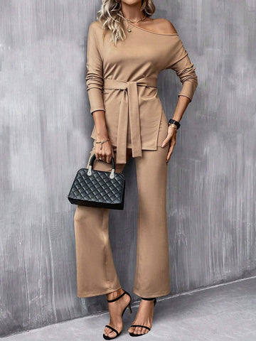 Asymmetrical Neck Belted Tee & Flare Leg Pants