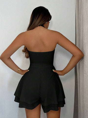 Crisscross Tie Backless Halter Romper