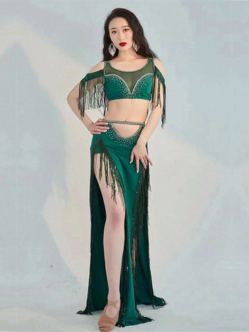 Contrast Mesh Fringe Trim Crop Top & Split Thigh Skirt