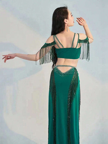 Contrast Mesh Fringe Trim Crop Top & Split Thigh Skirt