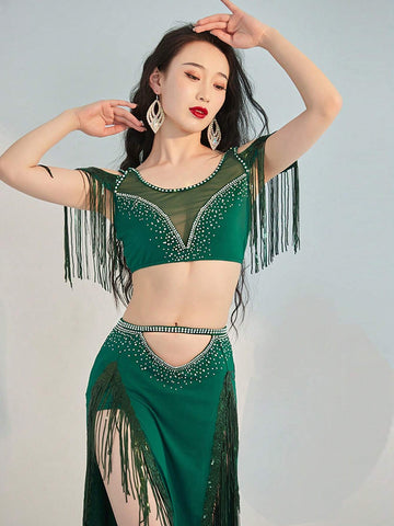 Contrast Mesh Fringe Trim Crop Top & Split Thigh Skirt