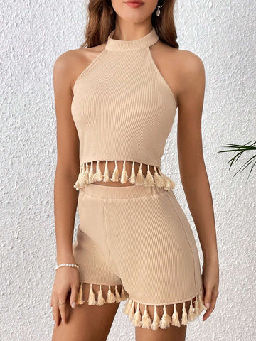 Tassel Trim Halter Top & Shorts
