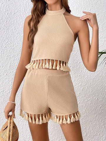 Tassel Trim Halter Top & Shorts