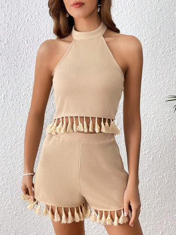 Tassel Trim Halter Top & Shorts