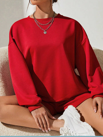 Solid Drop Shoulder Sweatshirt & Shorts