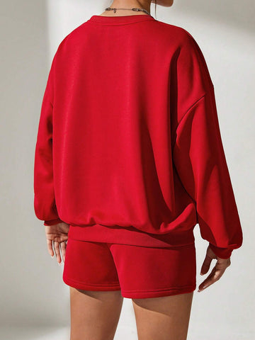 Solid Drop Shoulder Sweatshirt & Shorts