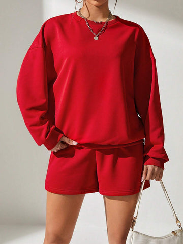 Solid Drop Shoulder Sweatshirt & Shorts