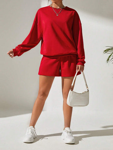 Solid Drop Shoulder Sweatshirt & Shorts