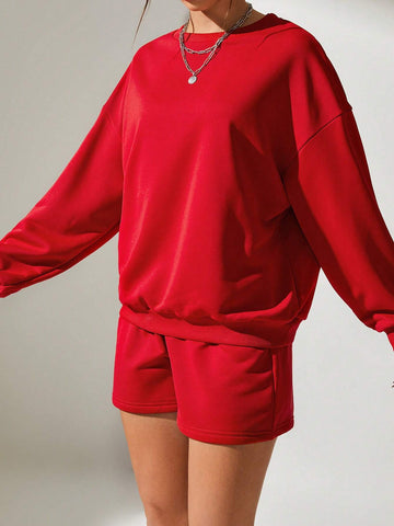 Solid Drop Shoulder Sweatshirt & Shorts