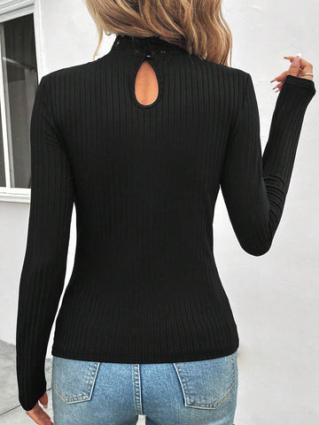 Guipure Lace Insert Mock Neck Tee