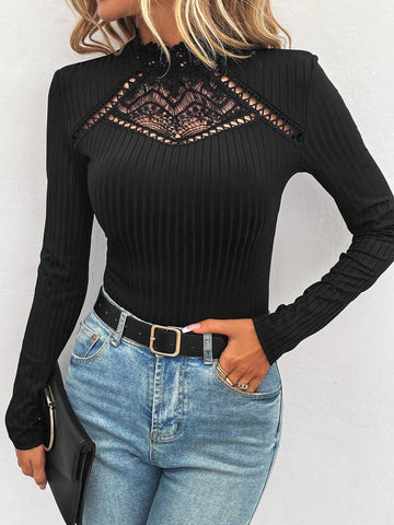 Guipure Lace Insert Mock Neck Tee