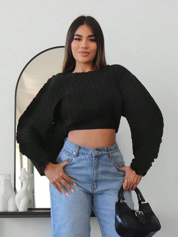 Solid Batwing Sleeve Crop Blouse