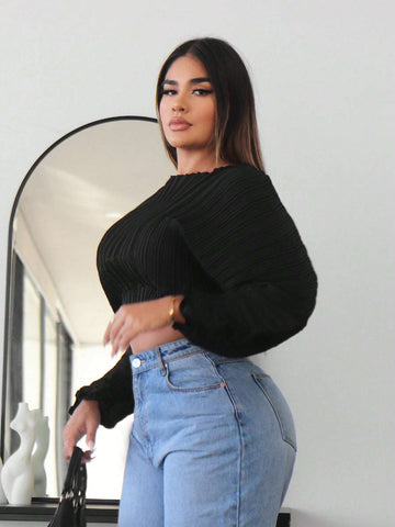 Solid Batwing Sleeve Crop Blouse