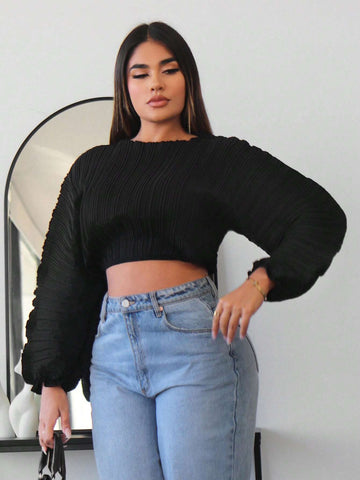 Solid Batwing Sleeve Crop Blouse