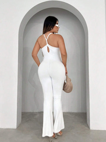 Solid Cut Out Back Flare Leg Jumpsuit