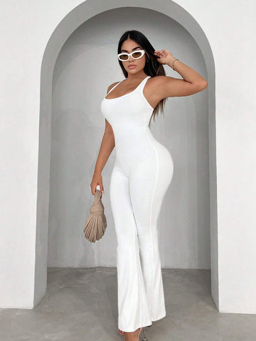 Solid Cut Out Back Flare Leg Jumpsuit