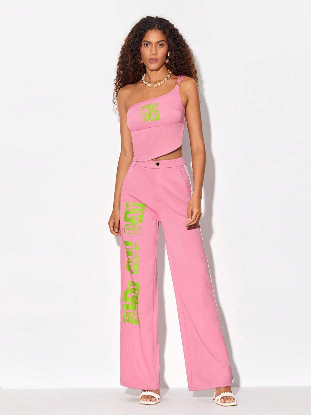 Letter Graphic One Shoulder Crop Top & Pants