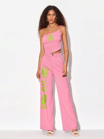 Letter Graphic One Shoulder Crop Top & Pants