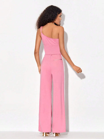 Letter Graphic One Shoulder Crop Top & Pants