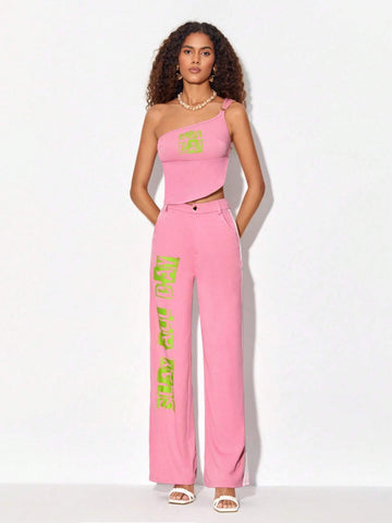 Letter Graphic One Shoulder Crop Top & Pants