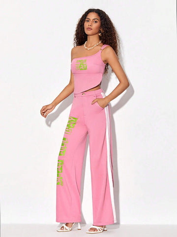 Letter Graphic One Shoulder Crop Top & Pants