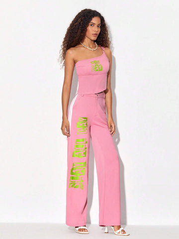 Letter Graphic One Shoulder Crop Top & Pants