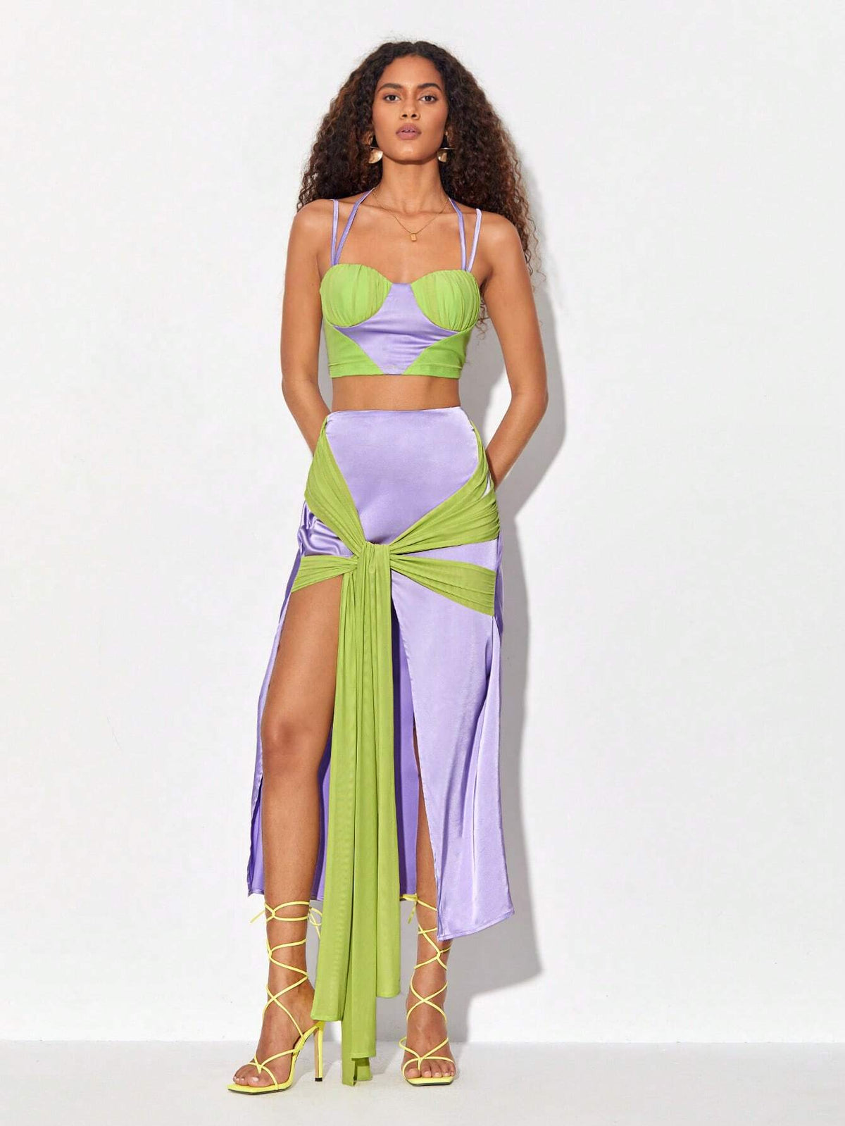 Two Tone Twist Front Split Thigh Skirt