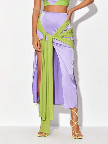 Two Tone Twist Front Split Thigh Skirt