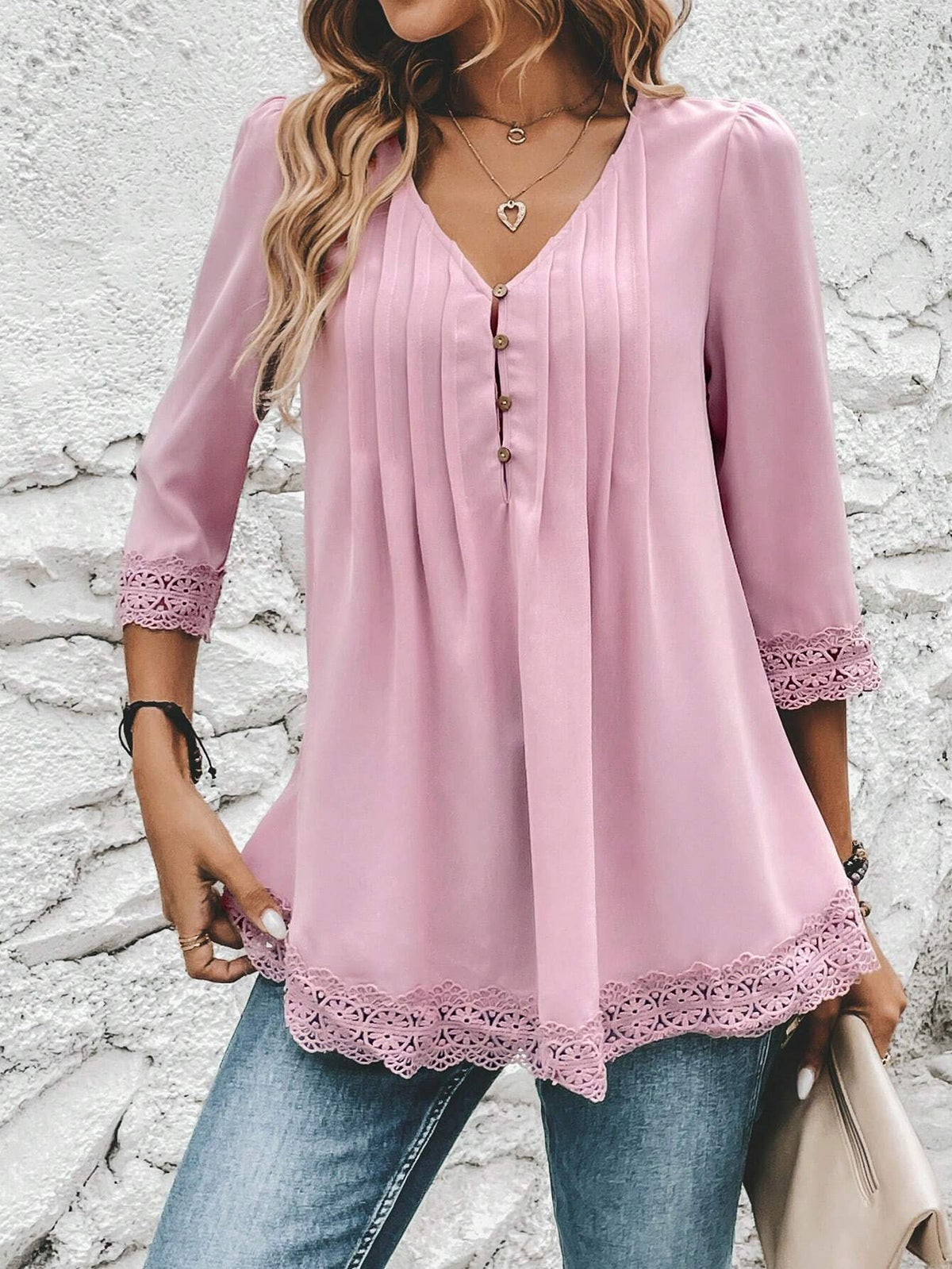 Contrast Guipure Lace Plicated Detail Puff Sleeve Blouse