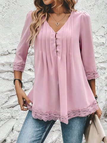 Contrast Guipure Lace Plicated Detail Puff Sleeve Blouse